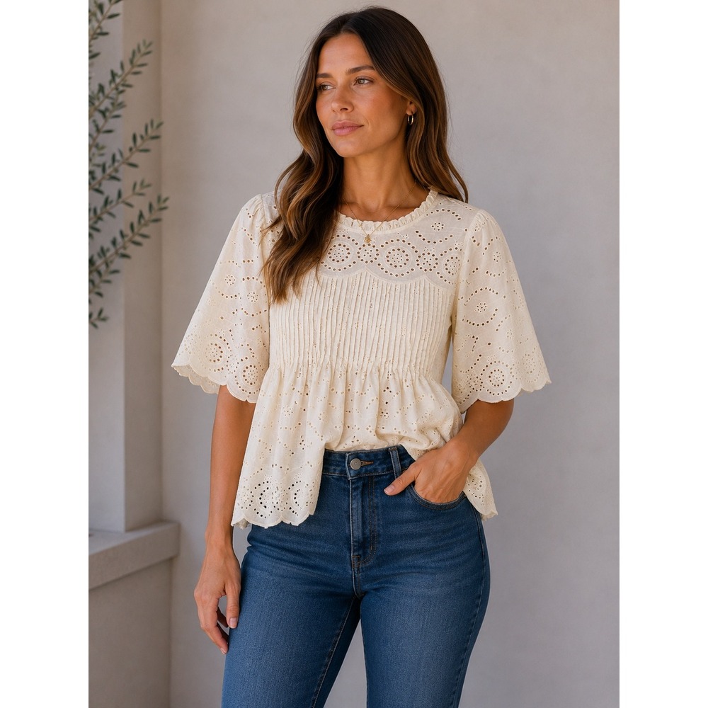 Joie Cream Cotton Eyelet Pintuck Babydoll Blouse Ruffle Neck Sz M Cream Ivory